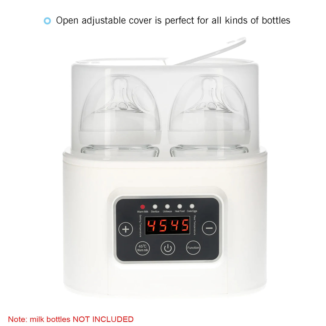Complete infant care solution: 5-in-1 digital bottle warmer, sterilizer, and food heater with timer.
