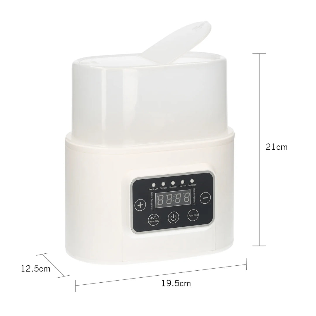 Modern nursery essential: digital 5-in-1 bottle warmer & sterilizer, simplifying baby feeding.