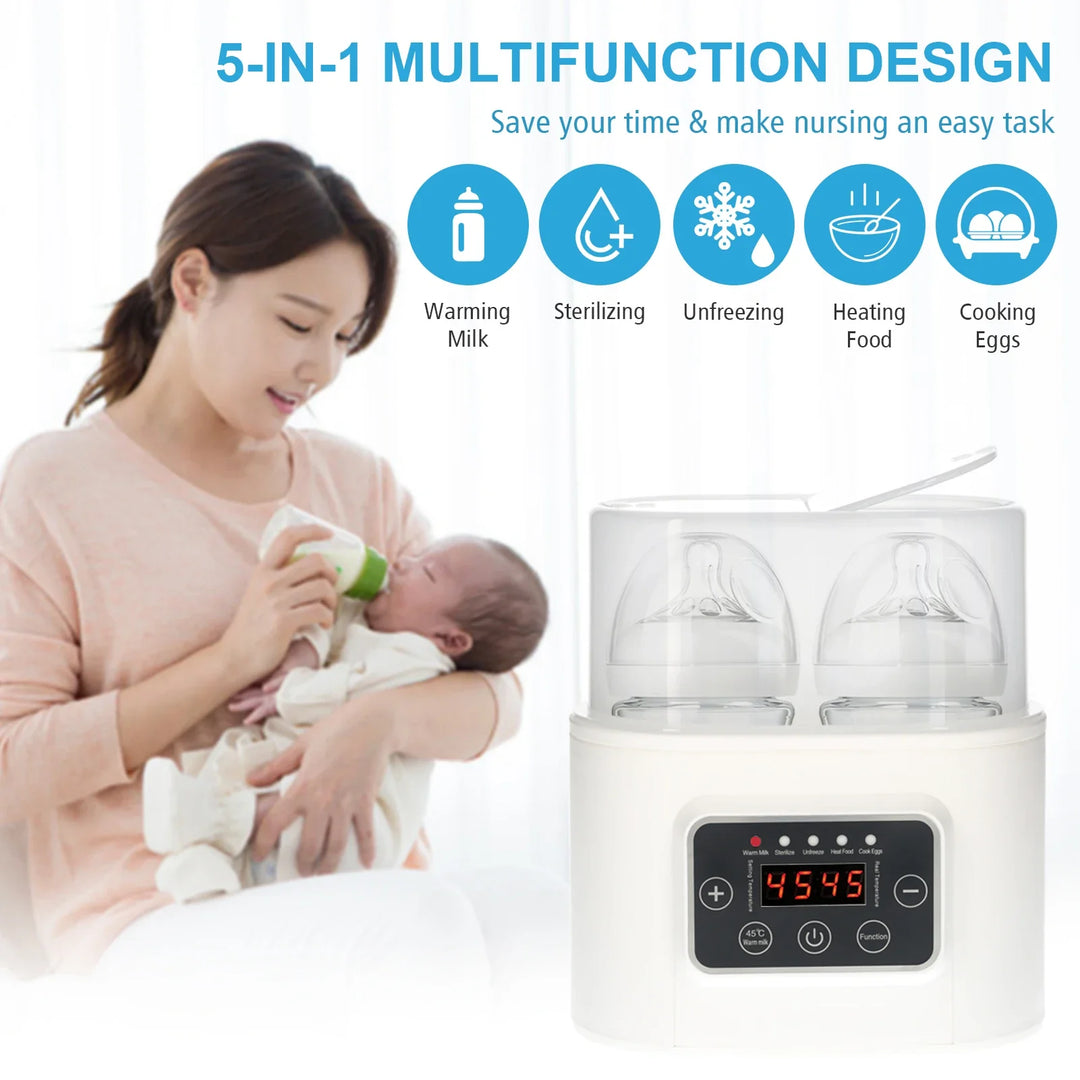 Fast milk warmer & bottle sterilizer, digital 5-in-1 design with timer for quick baby feeding.