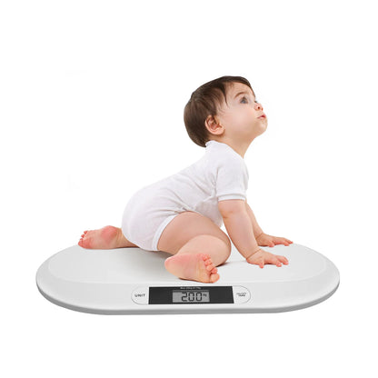 Digital baby and pet scale with large LCD, ergonomic design for accurate infant weight tracking and newborn care.