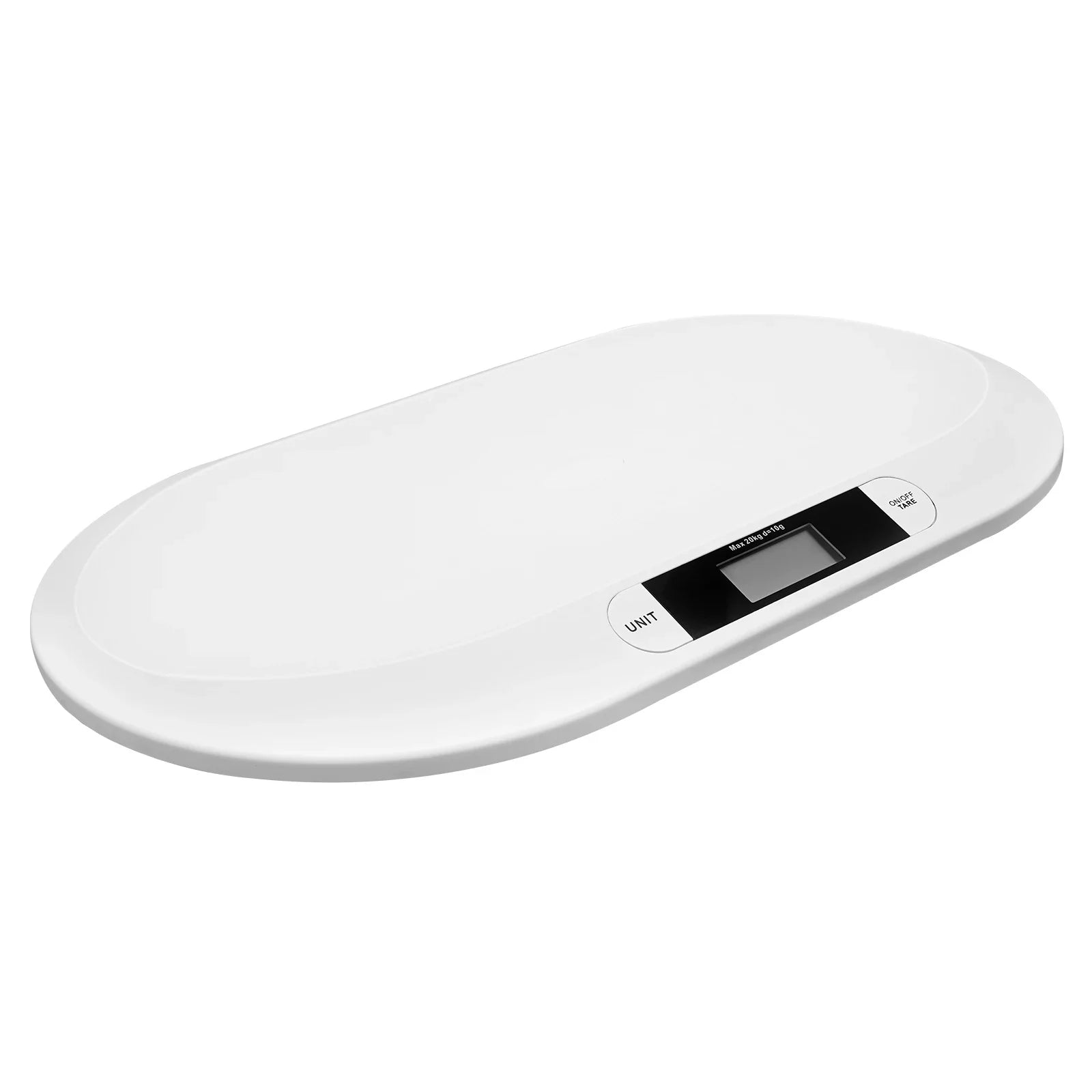 Stylish digital baby and pet scale with a curved platform, designed for comfortable and accurate infant weight measurement.