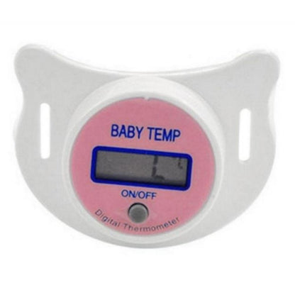 Close-up of a baby digital pacifier thermometer, white nipple, for infant temperature checks.
