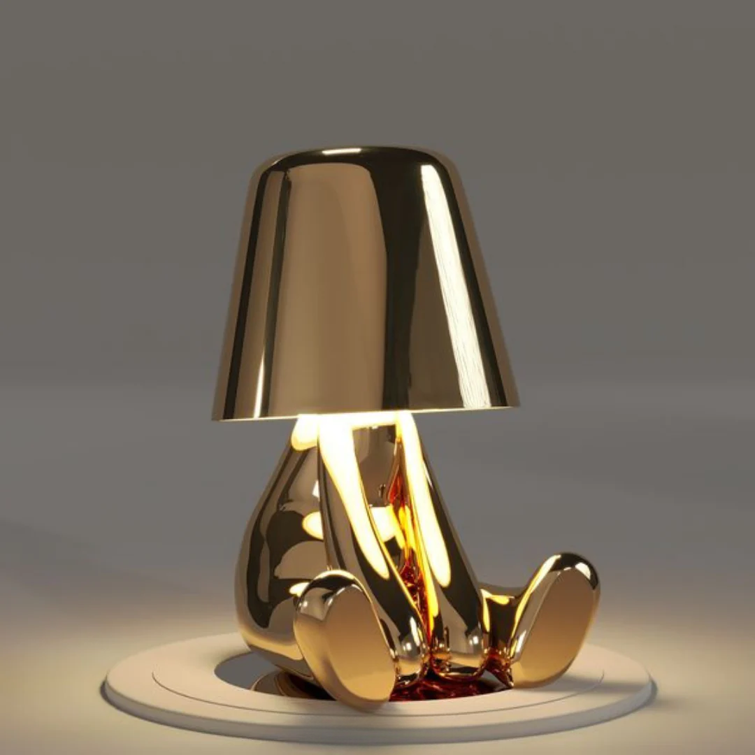 Wireless dimmable table lamp, playful artistic resin design. Portable touch lamp for creative spaces.