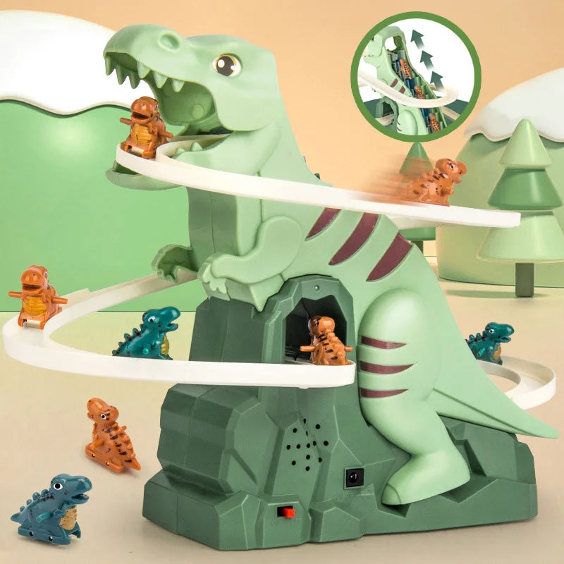 Dino Adventure Slide Toy with music & lights, featuring colorful dinosaurs racing down, perfect for kids' motor skills.
