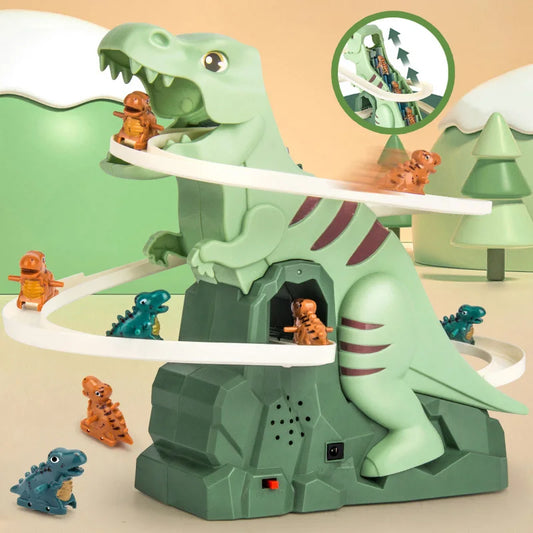 Dino Adventure Slide Toy with music & lights, featuring colorful dinosaurs racing down, perfect for kids' motor skills.