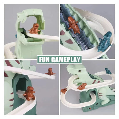 Close-up of a dinosaur on the Dino Adventure Slide, highlighting the vibrant colors and detailed plastic toy design.