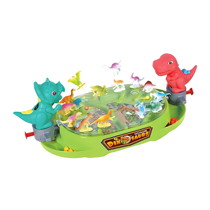 Close-up of kids' DinoClash interactive dinosaur battle game toy, showing intricate dinosaur details & controller