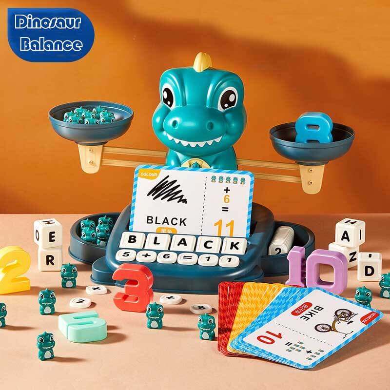 Complete set of dinosaur balance scale with numbers and counting pieces for kids