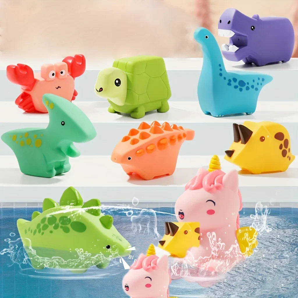Dinosaur kids' bath toy spraying water, multi-colored for fun water play in the tub