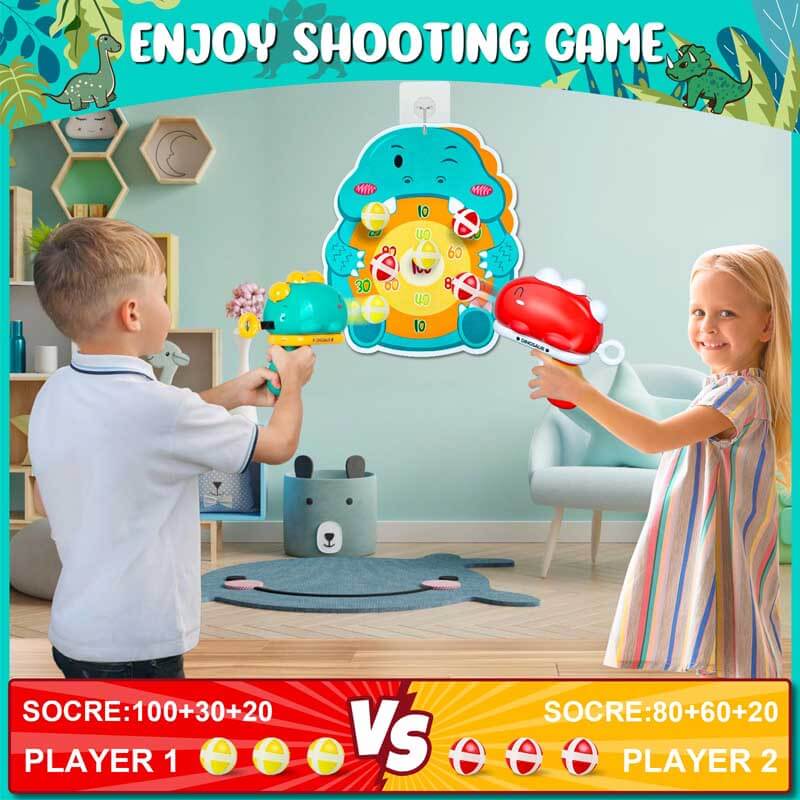 Happy child launching a sticky ball from a dinosaur toy, enjoying outdoor fun