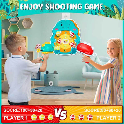 Happy child launching a sticky ball from a dinosaur toy, enjoying outdoor fun