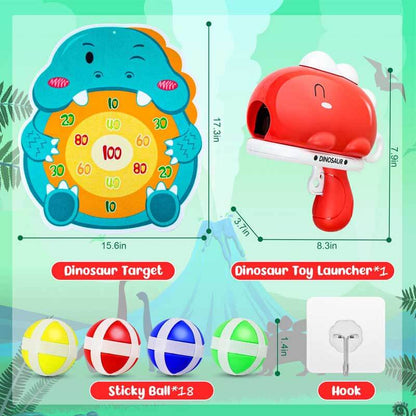 Full set of dinosaur launcher game components: launcher, sticky balls, and target