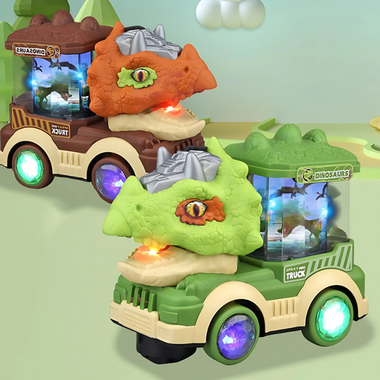 Dinosaur musical car toy with colorful lights and mist for toddlers, interactive play.