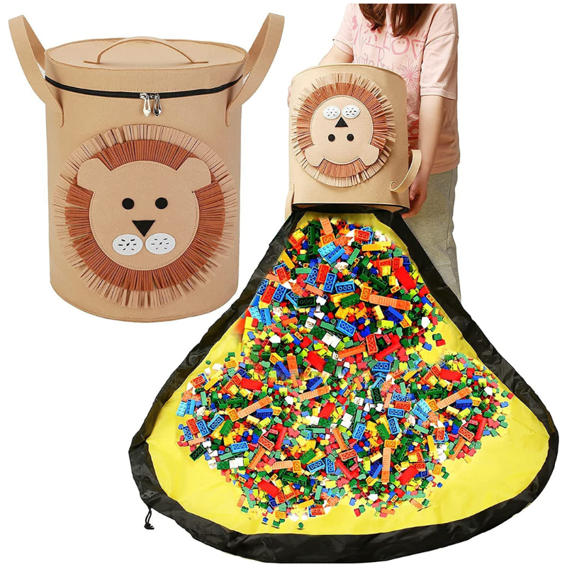 Dinosaur play mat & storage basket for kids' toys. Portable organizer with animal design.