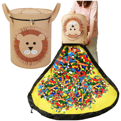 Dinosaur play mat & storage basket for kids' toys. Portable organizer with animal design.