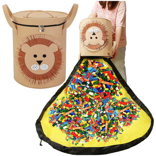 Dinosaur play mat & storage basket for kids' toys. Portable organizer with animal design.
