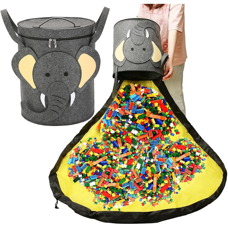 Elephant-themed kids' toy storage basket that unfolds into a play mat. Ideal for baby toys.