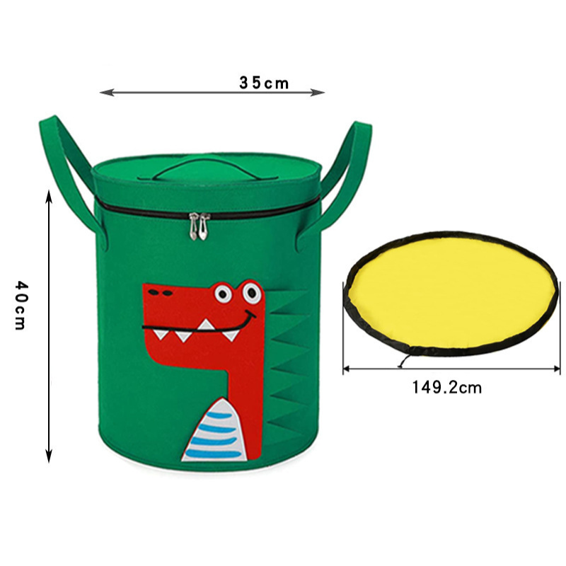Children's animal play mat and toy storage basket. Versatile kids organizer for toy cleanup.