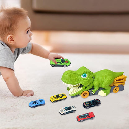 Children's dinosaur vehicle toy car playset with multiple levels and plastic toy dinosaurs
