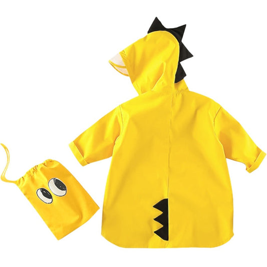 Dinosaur waterproof raincoat for kids, green with spikes, protecting a child in the rain, toddler rain gear