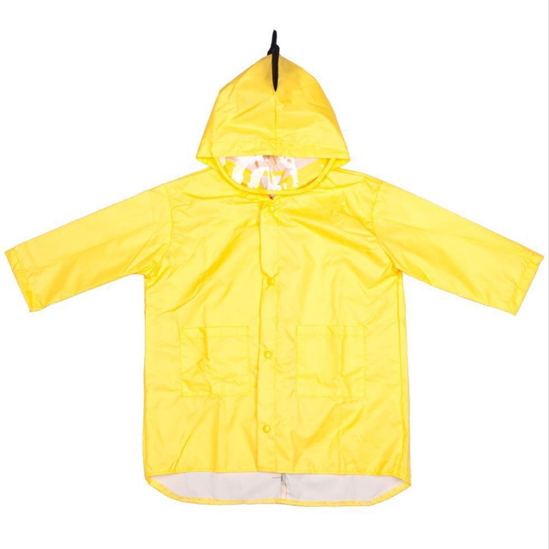 Happy child wearing a yellow dinosaur rain jacket, jumping in puddles, lightweight rain protection