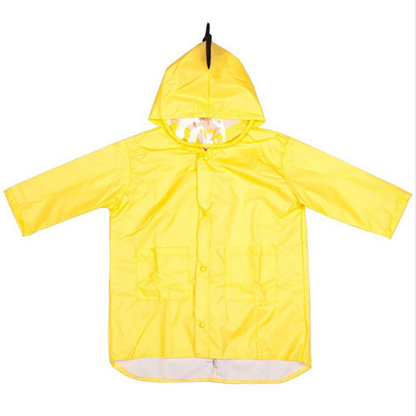 Happy child wearing a yellow dinosaur rain jacket, jumping in puddles, lightweight rain protection