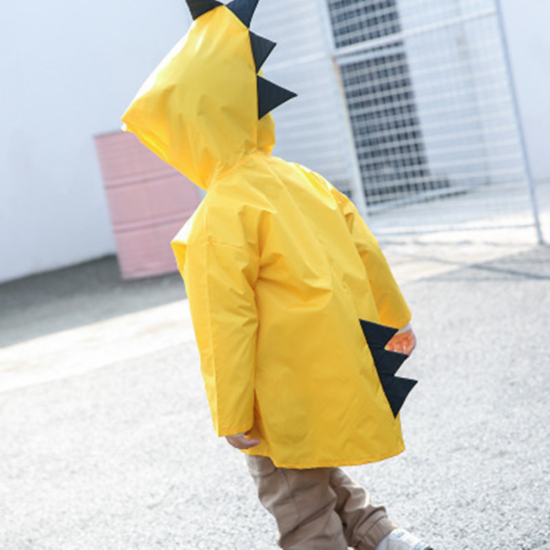 Foldable kids' dinosaur raincoat, showcasing its compact design for easy storage, children's waterproof