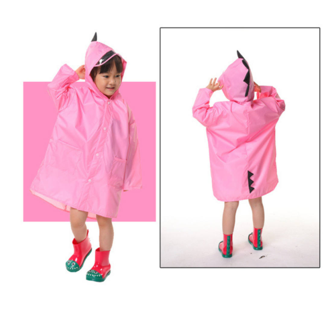 Rear view of a red kids' dinosaur hooded raincoat with detailed spikes, outdoor play rainwear