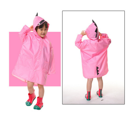Rear view of a red kids' dinosaur hooded raincoat with detailed spikes, outdoor play rainwear