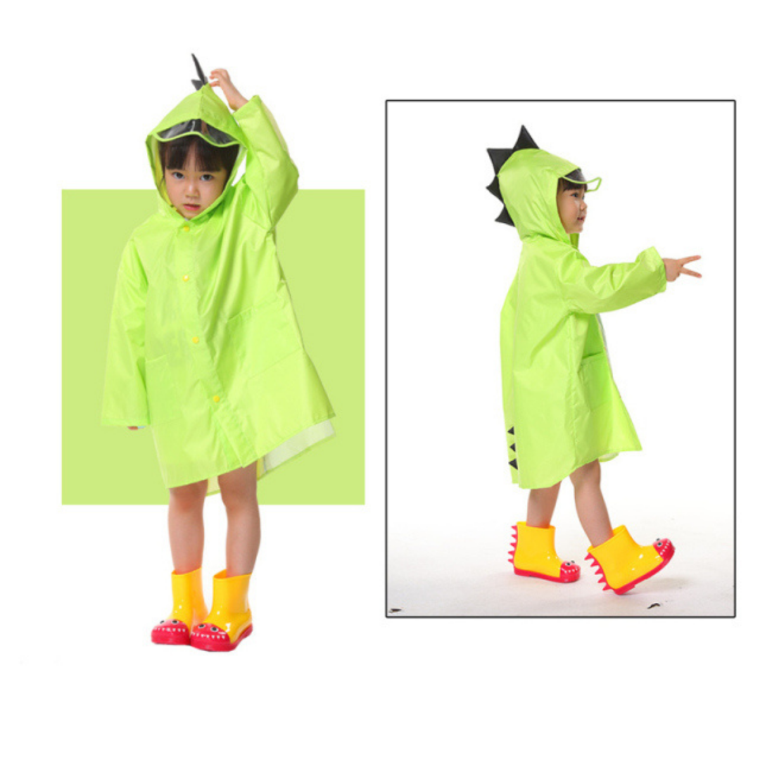 Group of diverse children wearing colorful dinosaur raincoats, playing happily in light rain, boys and girls