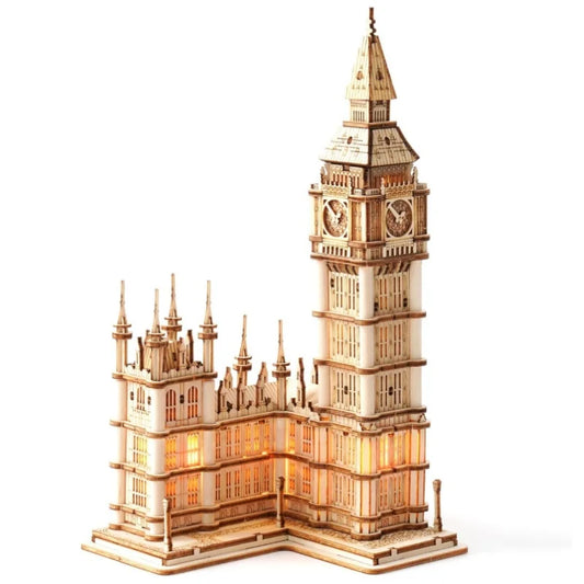 DIY Big Ben 3D wooden puzzle with LED light, intricate architectural model craft kit for home decor