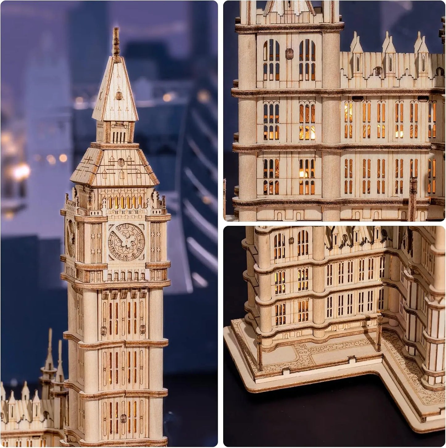 Hands assembling a piece of the DIY Big Ben 3D wooden puzzle kit, engaging kids crafts