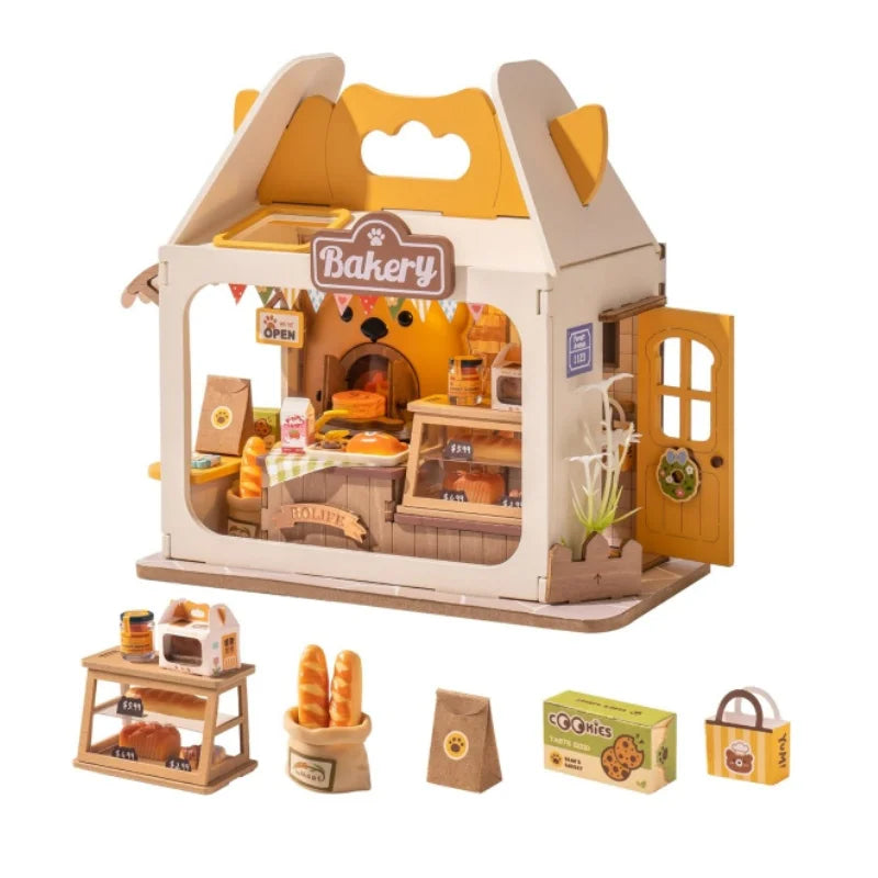 DIY miniature bakery dollhouse kit with LED light, showcasing a charming shop exterior.