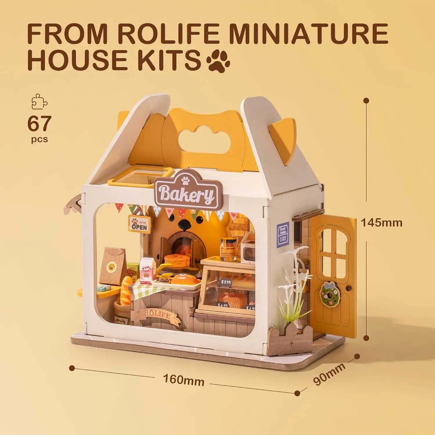 Unassembled DIY miniature bakery shop dollhouse kit components with LED lighting.