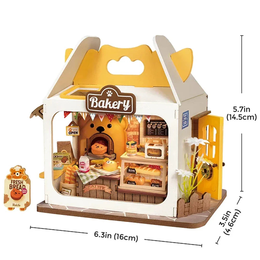 Charming miniature bakery dollhouse with LED light, a fun and easy-to-build craft project.