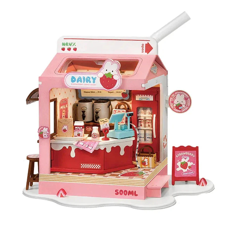Completed miniature bakery dollhouse kit featuring LED light, enhancing creative toy display.