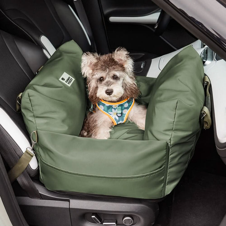 Travel essential: dog booster car seat with secure buckles and comfortable padding.