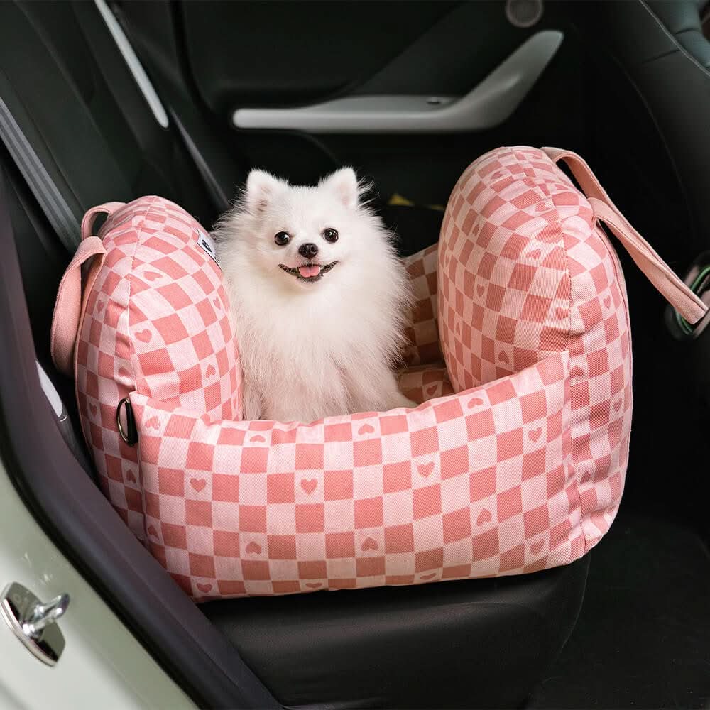 Washable dog car seat with non-slip base, perfect for stress-free pet transportation.