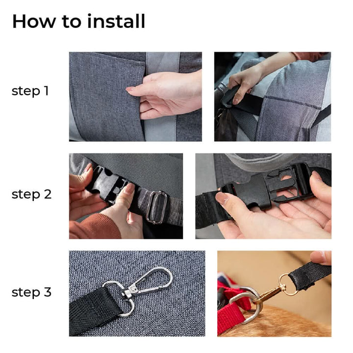 Non-slip dog travel seat with safety belt for secure and stable car journeys.