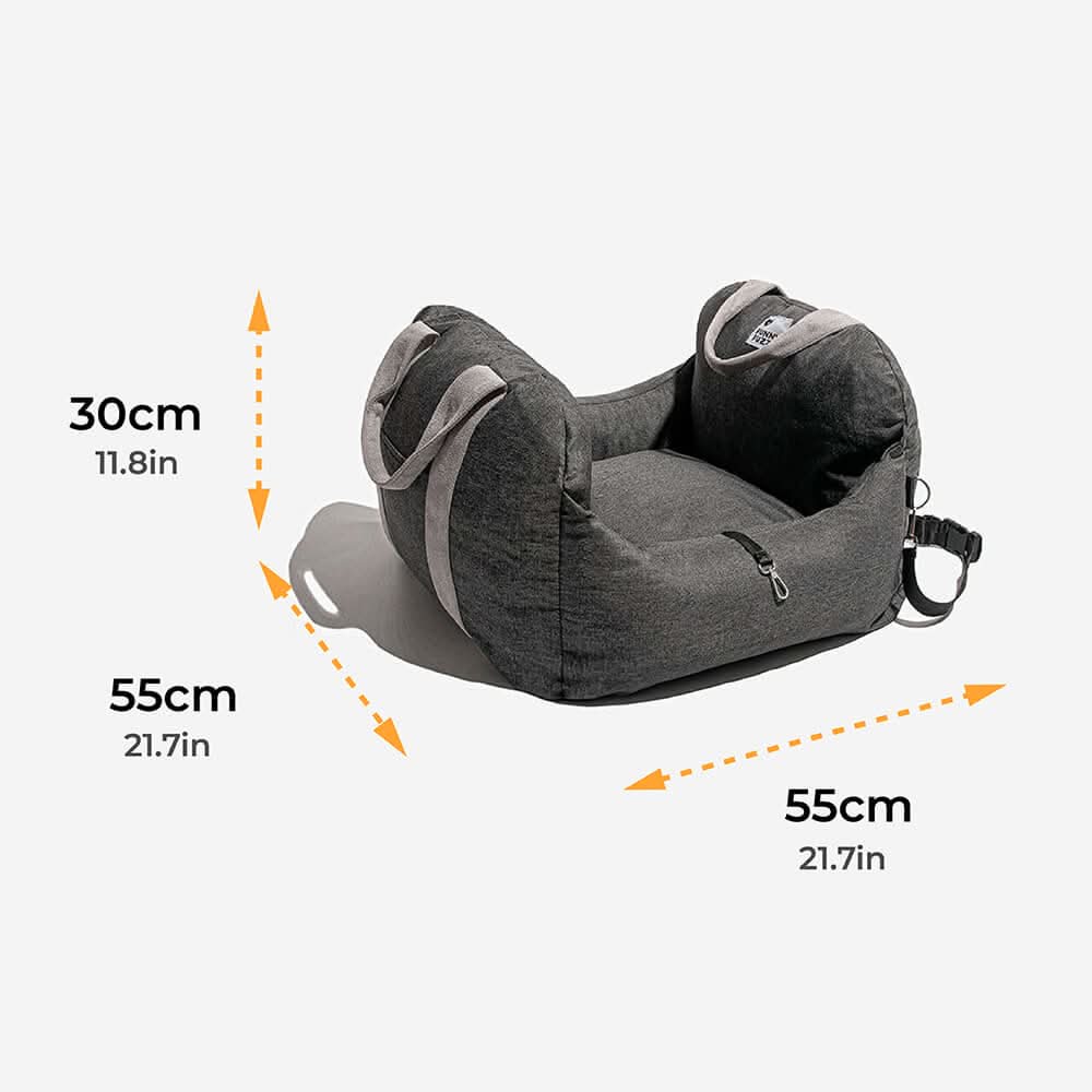 Pet travel booster seat for dogs, featuring a washable cover and secure attachment.