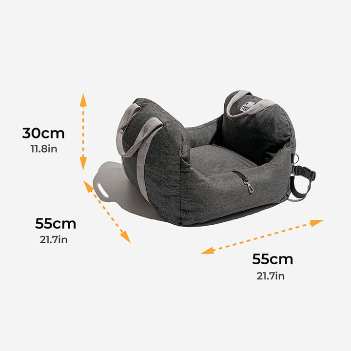 Pet travel booster seat for dogs, featuring a washable cover and secure attachment.