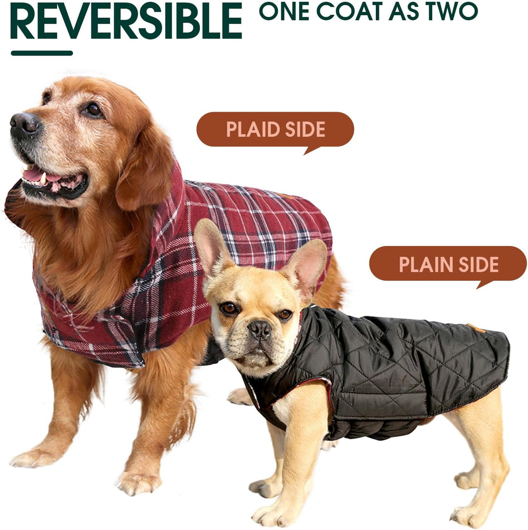 Elegant British check dog coat, reversible and waterproof for all winter conditions.