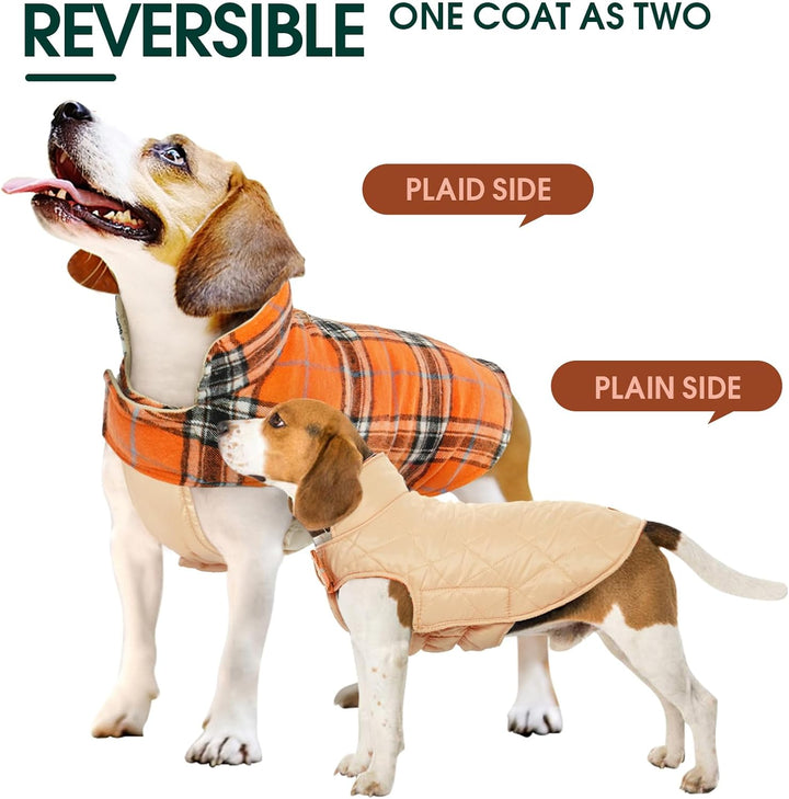 Practical reversible dog jacket in British check, offering waterproof winter warmth.