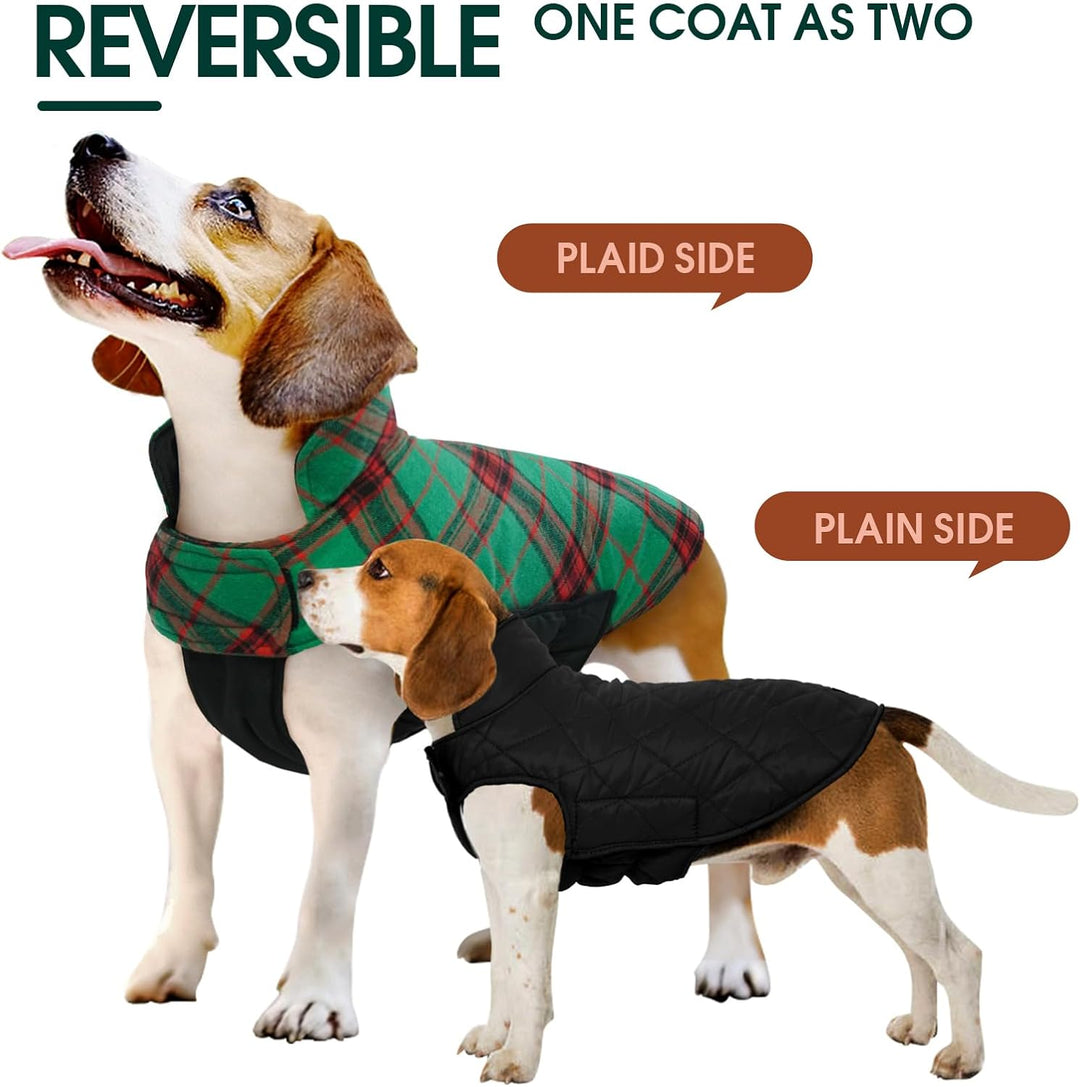 This reversible waterproof dog coat combines warmth and a stylish British check design.