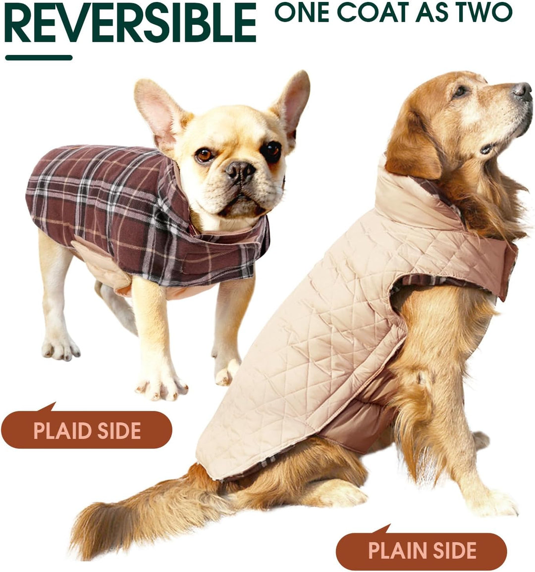 British check reversible dog vest, waterproof and warm for ultimate winter comfort.