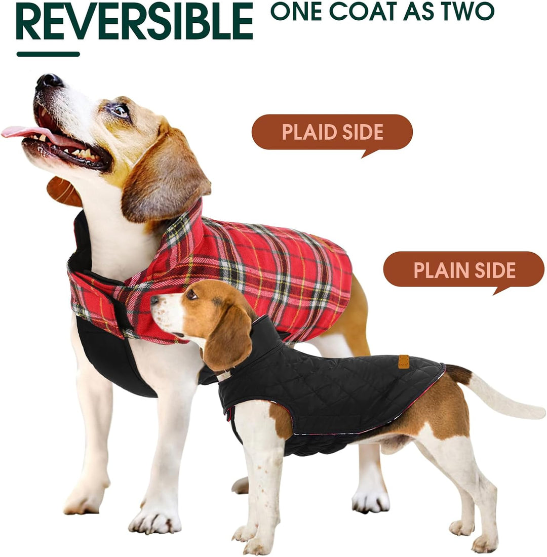 Get two styles in one with this reversible British check waterproof winter dog coat.