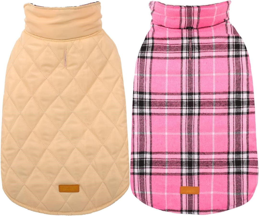 Functional reversible dog jacket with British check pattern, ideal for wet winters.