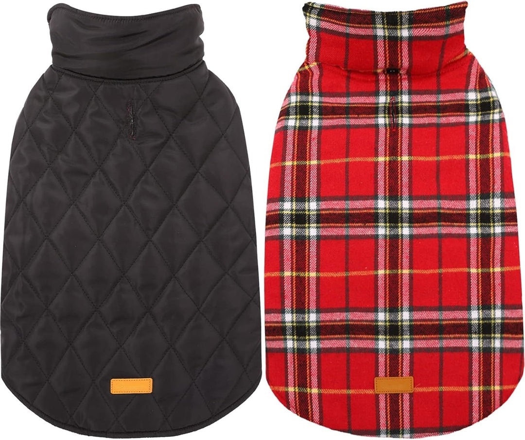 Waterproof British check dog winter jacket, reversible for two distinct looks.