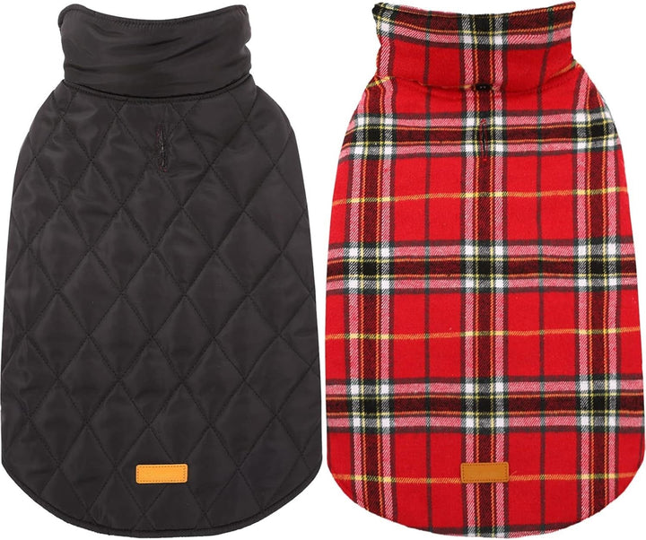 Waterproof British check dog winter jacket, reversible for two distinct looks.