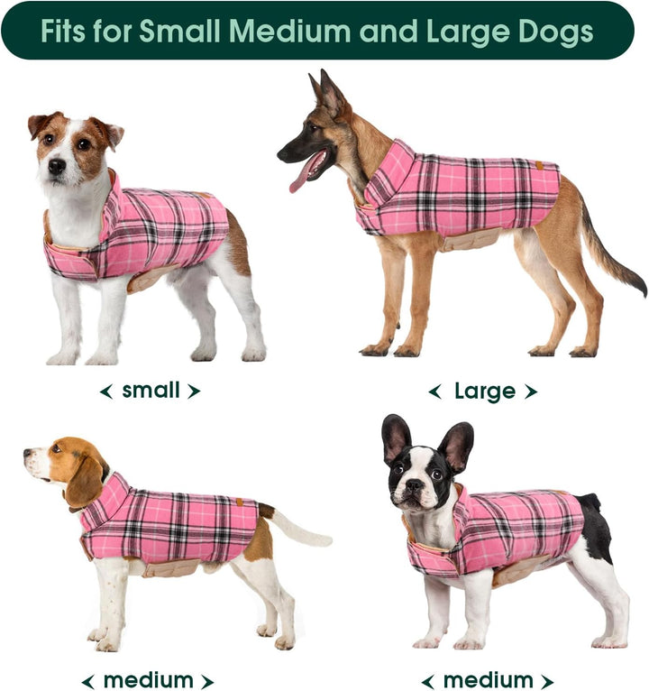 Cozy British check dog winter coat, reversible design, and waterproof protection.